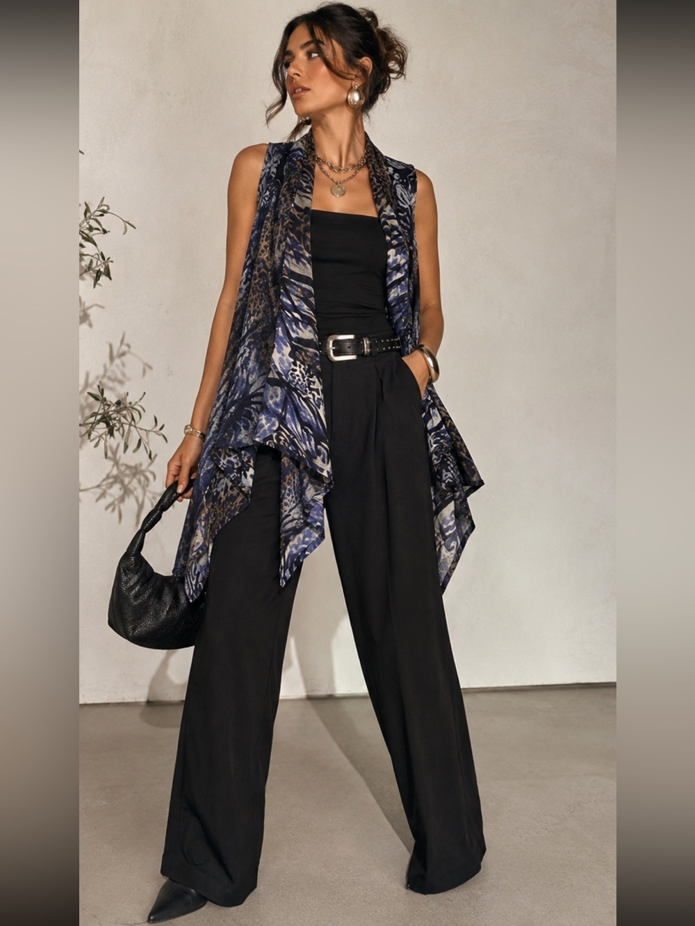 Alberto Makali Sleeveless Blue Animal-Print Draped Vest